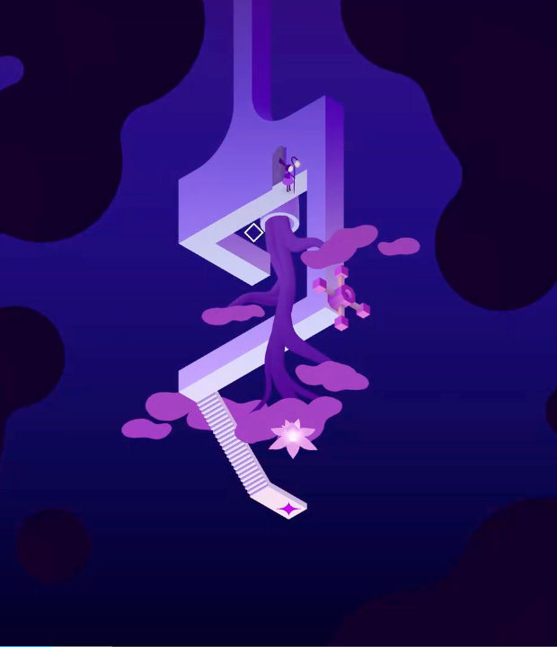 Platforms materializing in the beam of light as Noor ascends to the summit